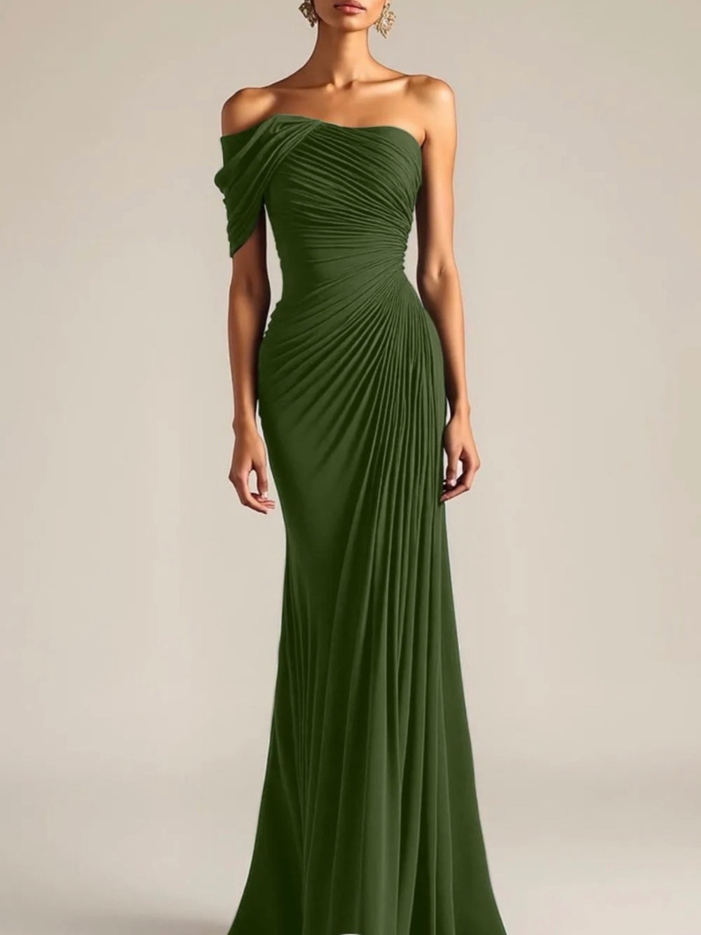 Evening Formal Dress Green Sheath One Shoulder Maxi Dress